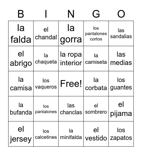 La ropa Bingo Card