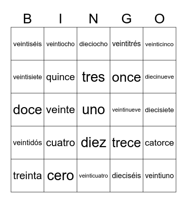LOS NUMEROS 0-30 Bingo Card