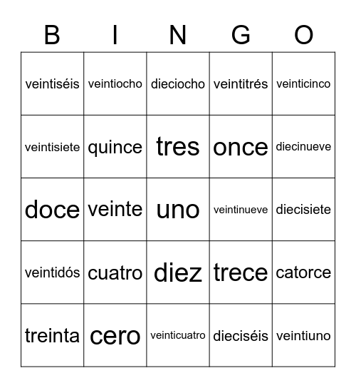 LOS NUMEROS 0-30 Bingo Card