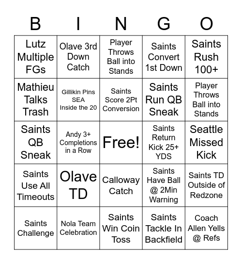 Saints v Seattle 22 Bingo Card