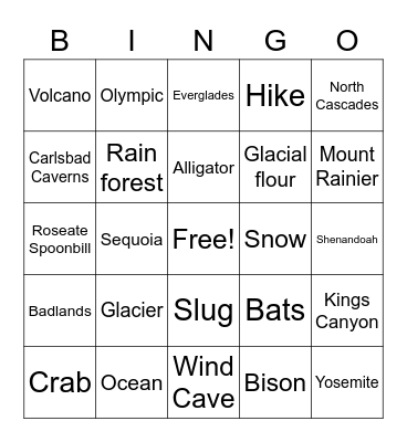 USA National Parks Bingo Card