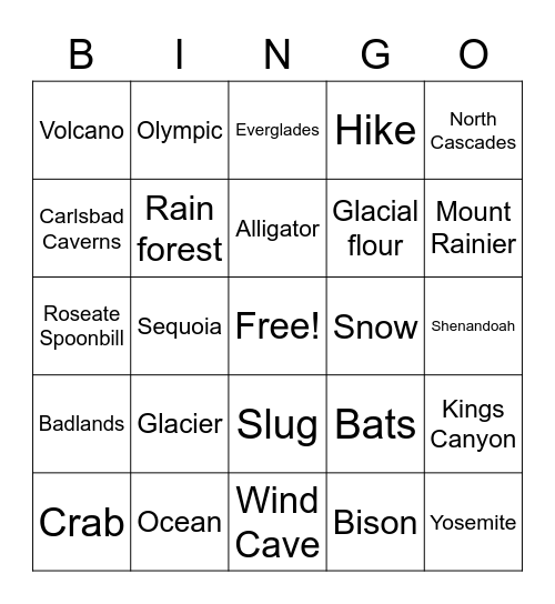 USA National Parks Bingo Card