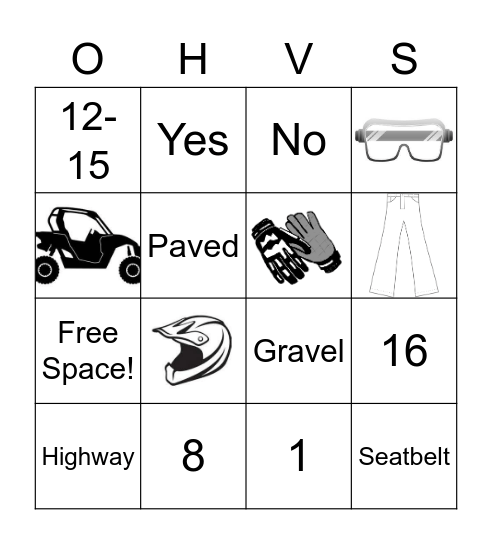Off Highway Vehicle Bingo Card