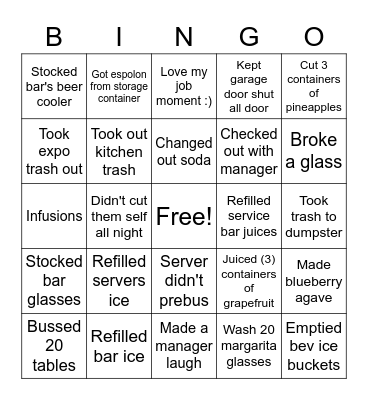 Barback Bingo Card