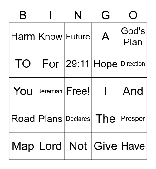 Jeremiah 29:11 Bingo Card