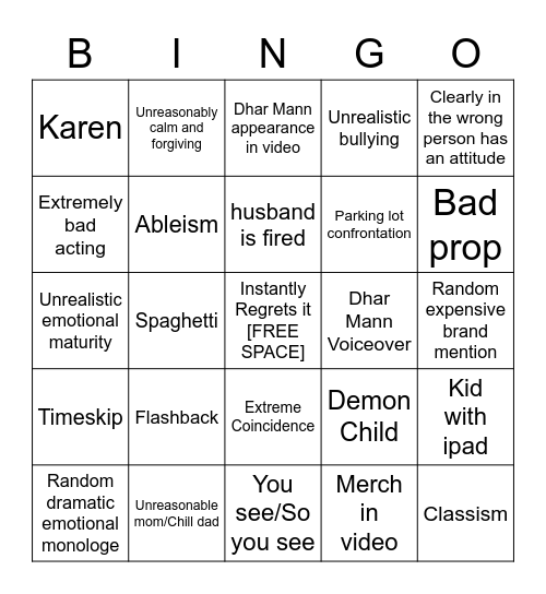 Dhar Mann Bingo Card