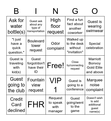 Front Desk Bingo Card