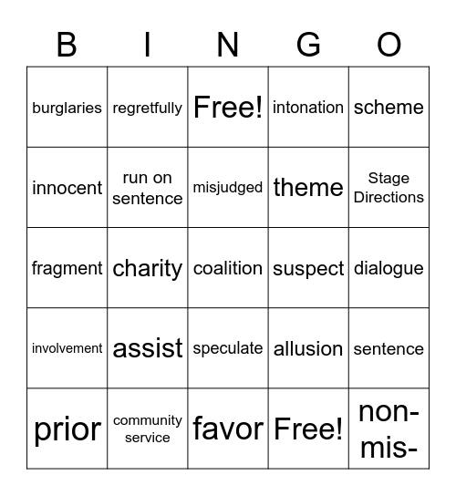 Lesson 4 Vocabulary Bingo Card