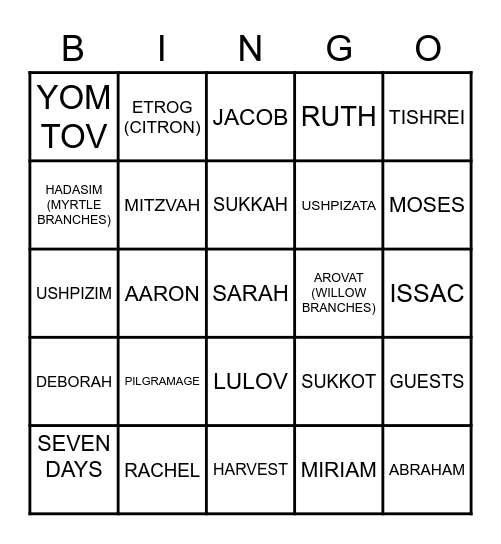 Sukkot Bingo Card