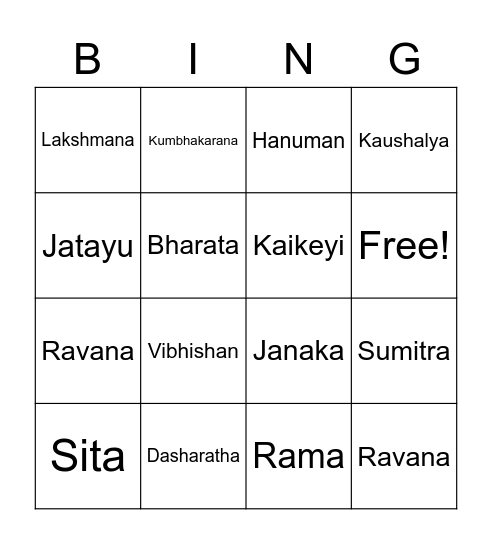 Ramayana Bingo Card