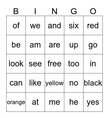 List 2 sight words Bingo Card