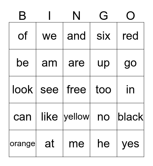 List 2 sight words Bingo Card