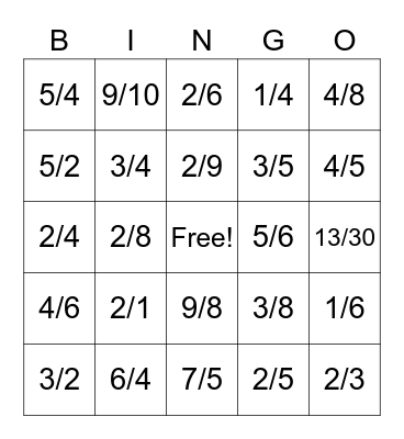 Fraction Bingo Game Bingo Card