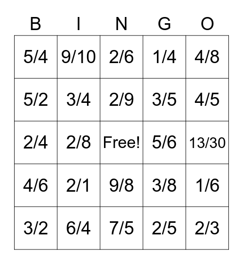 Fraction Bingo Game Bingo Card