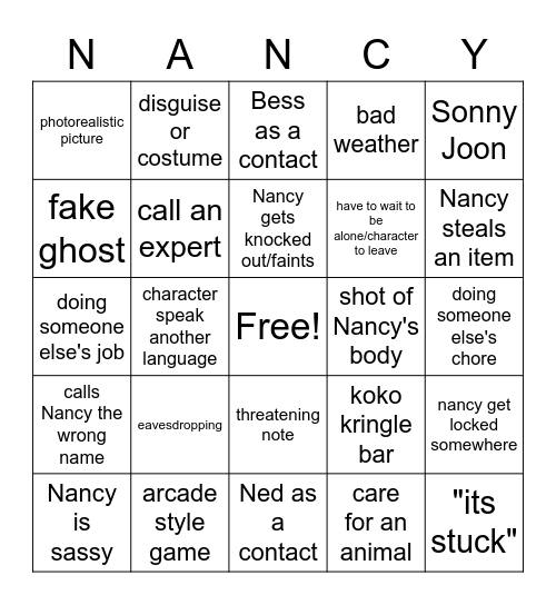 Nancy Drew+ Bingo Card