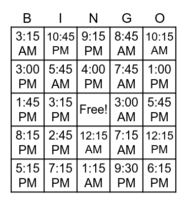 Time of Day BINGO Card