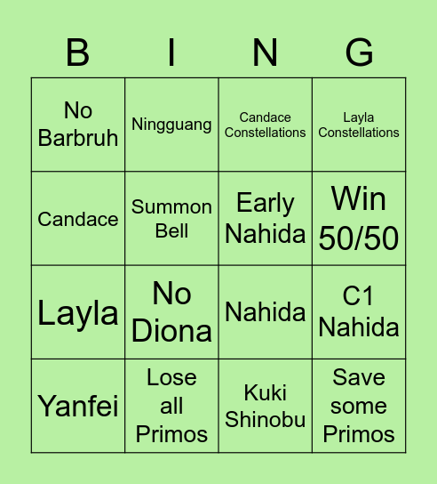 Genshin Bango Bingo Card