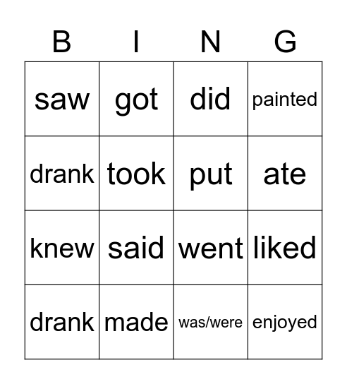 Past Tense Bingo Card