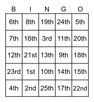 Ordinal numbers --1st-25th Bingo Card