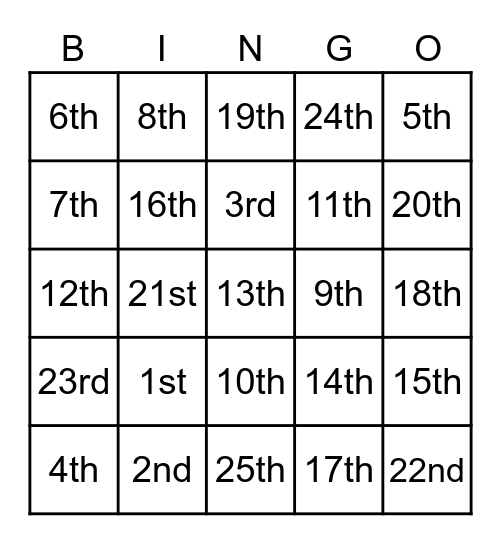 Ordinal numbers --1st-25th Bingo Card