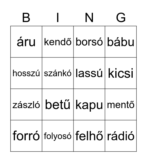 magánhangzók a szó végén Bingo Card