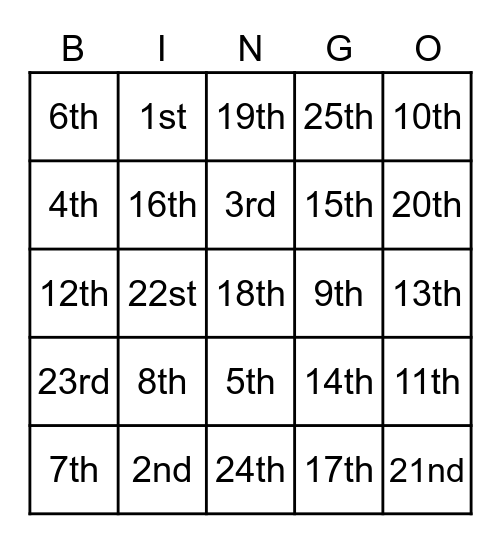 Ordinal numbers --1st-25th Bingo Card