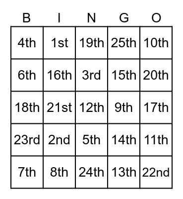 Ordinal numbers --1st-25th Bingo Card