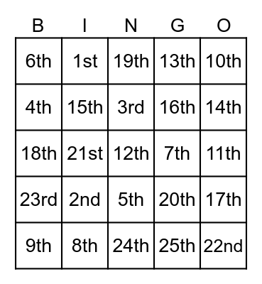 Ordinal numbers --1st-25th Bingo Card