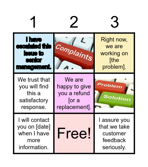 Responses to complaints Bingo Card