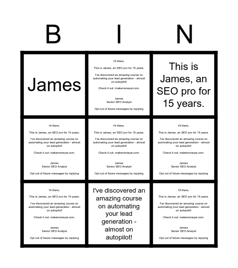 James H Bingo Card