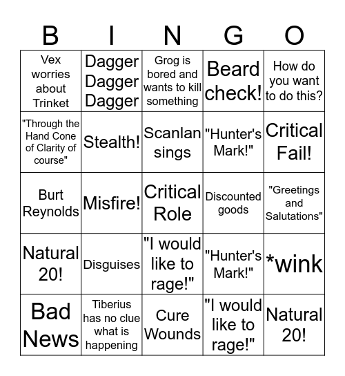 Critical Role Bingo Card