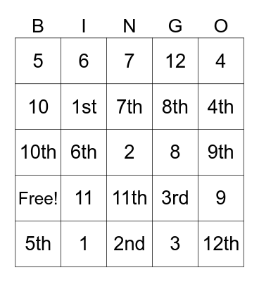 CARDINAL & ORDINAL NUMBERS Bingo Card