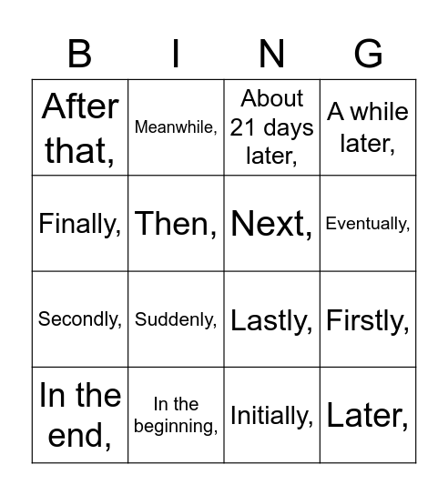 Temporal Conjunction Bingo Card