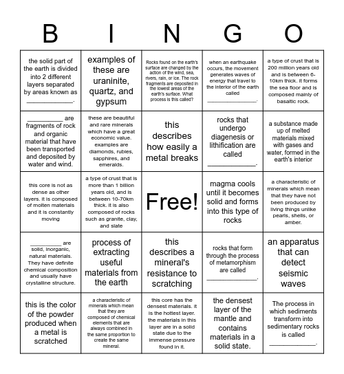 The Geosphere Bingo Card