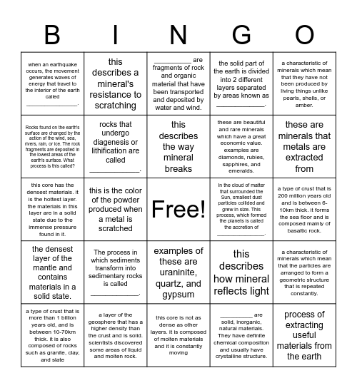 The Geosphere Bingo Card