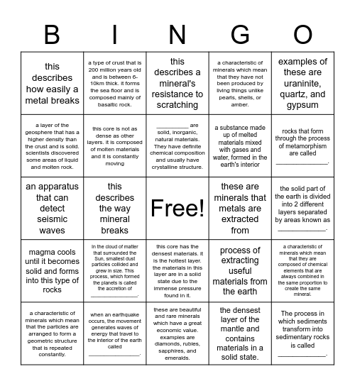 The Geosphere Bingo Card