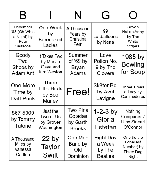 Numbers Music Bingo Card