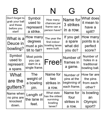 Bowling Trivia Bingo Card