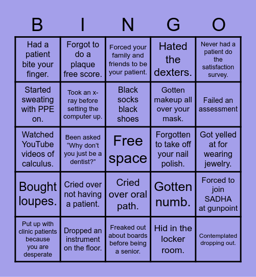 Dental Hygiene School Bingo Card