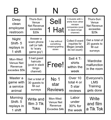 Weekly Venue Bingo Card