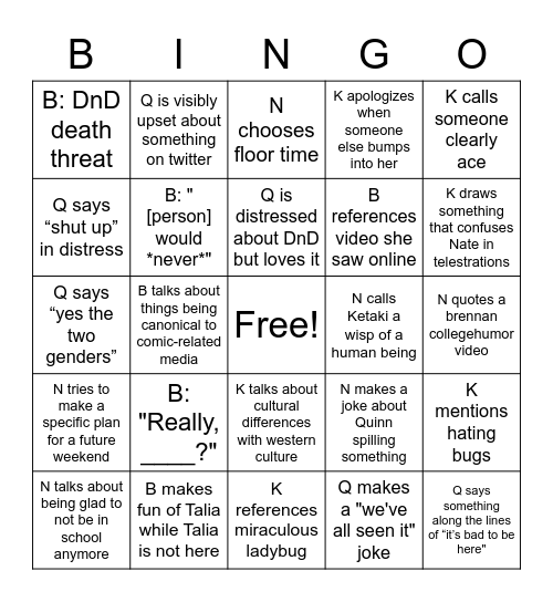 Bad Friend Bingo Card