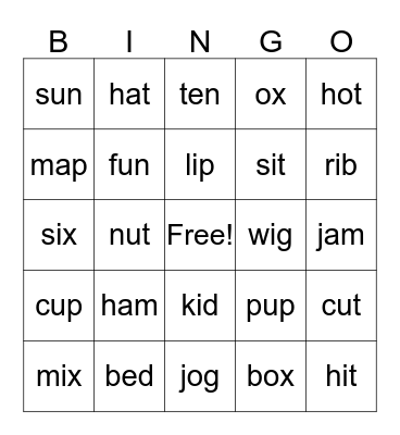 Short Vowel Sounds Bingo Card