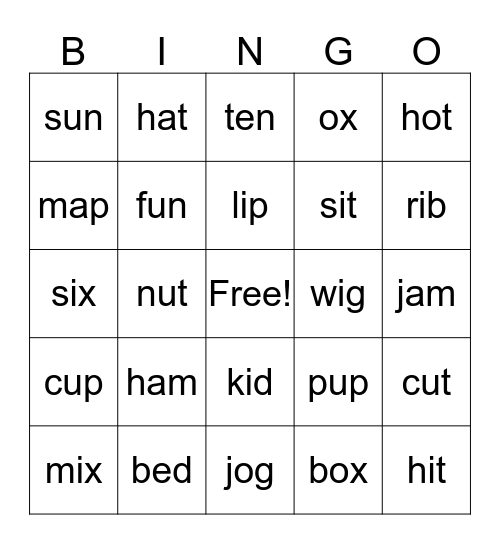 Short Vowel Sounds Bingo Card
