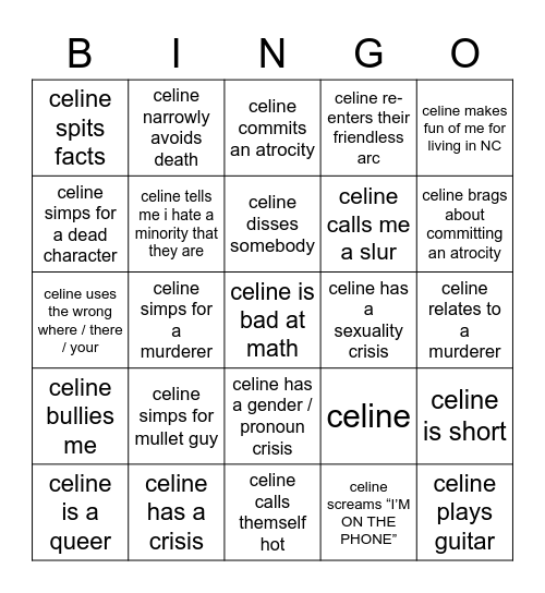 celine bingo Card