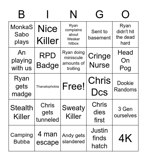 Average DBD Session Bingo Card
