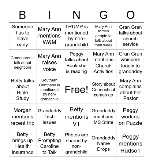 Family Call Bingo Card