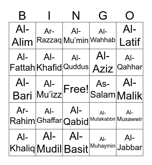 99 Names of ALLAH Bingo Card