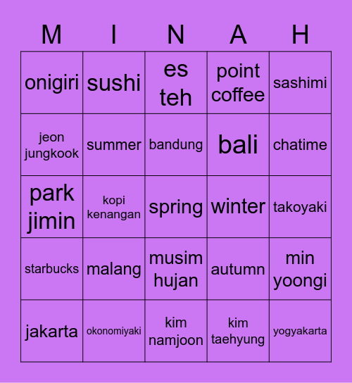 minah's board Bingo Card