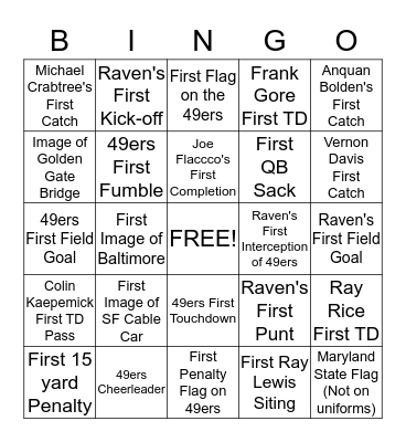 Super Bowl XLVII Bingo Card