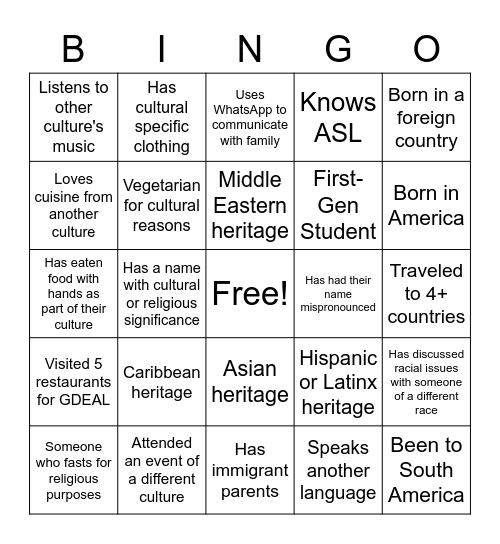 Diversity Around Us Bingo Card
